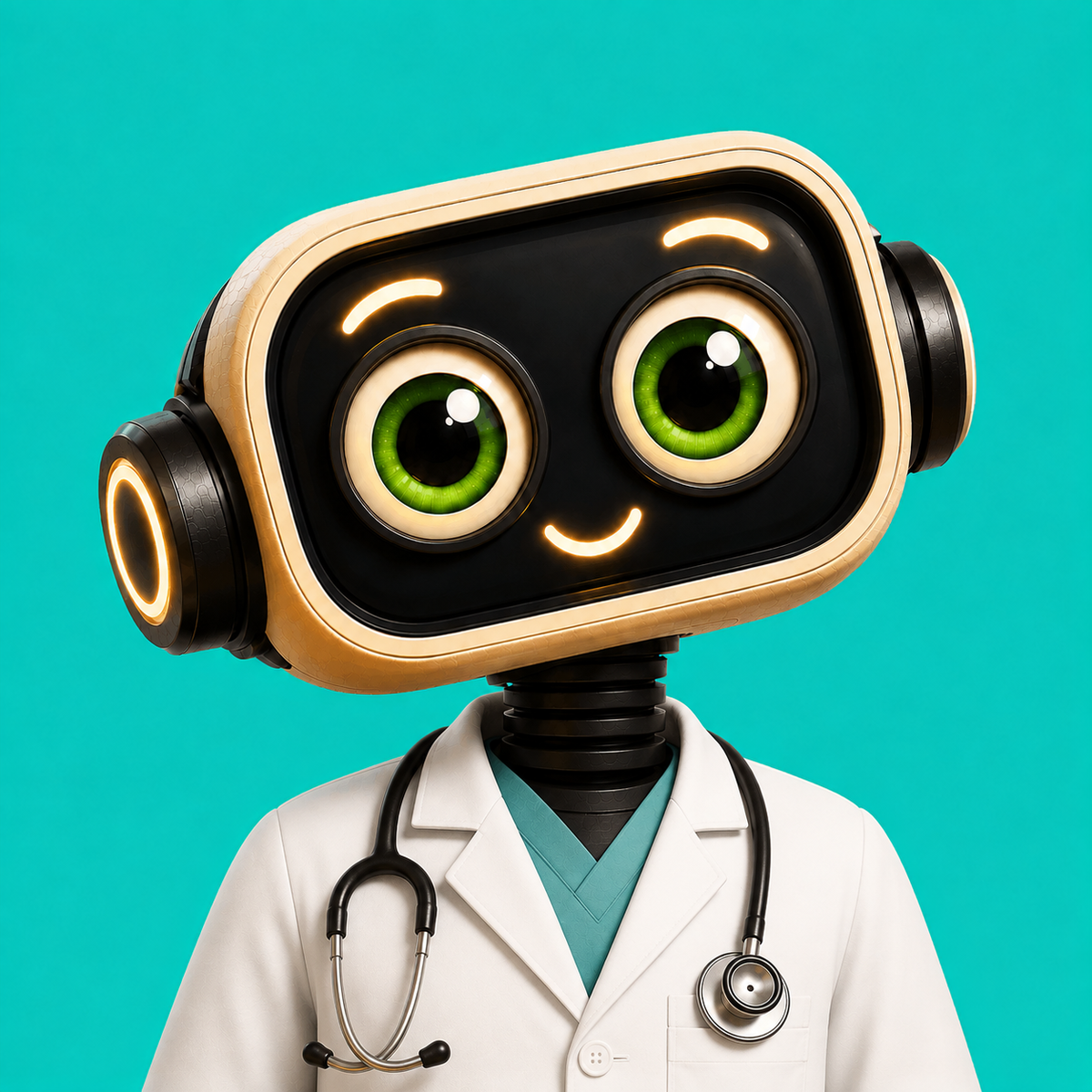 A stylized robot head with large green eyes and a smiling mouth, wearing a white doctor coat with a stethoscope, set against a bright turquoise background.