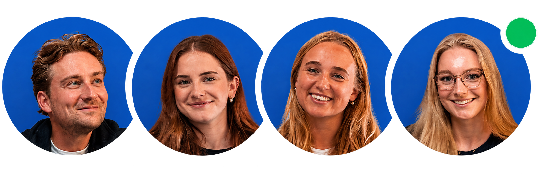 Four circular headshots of smiling people on a black background with a bright green circle in the top-right corner.