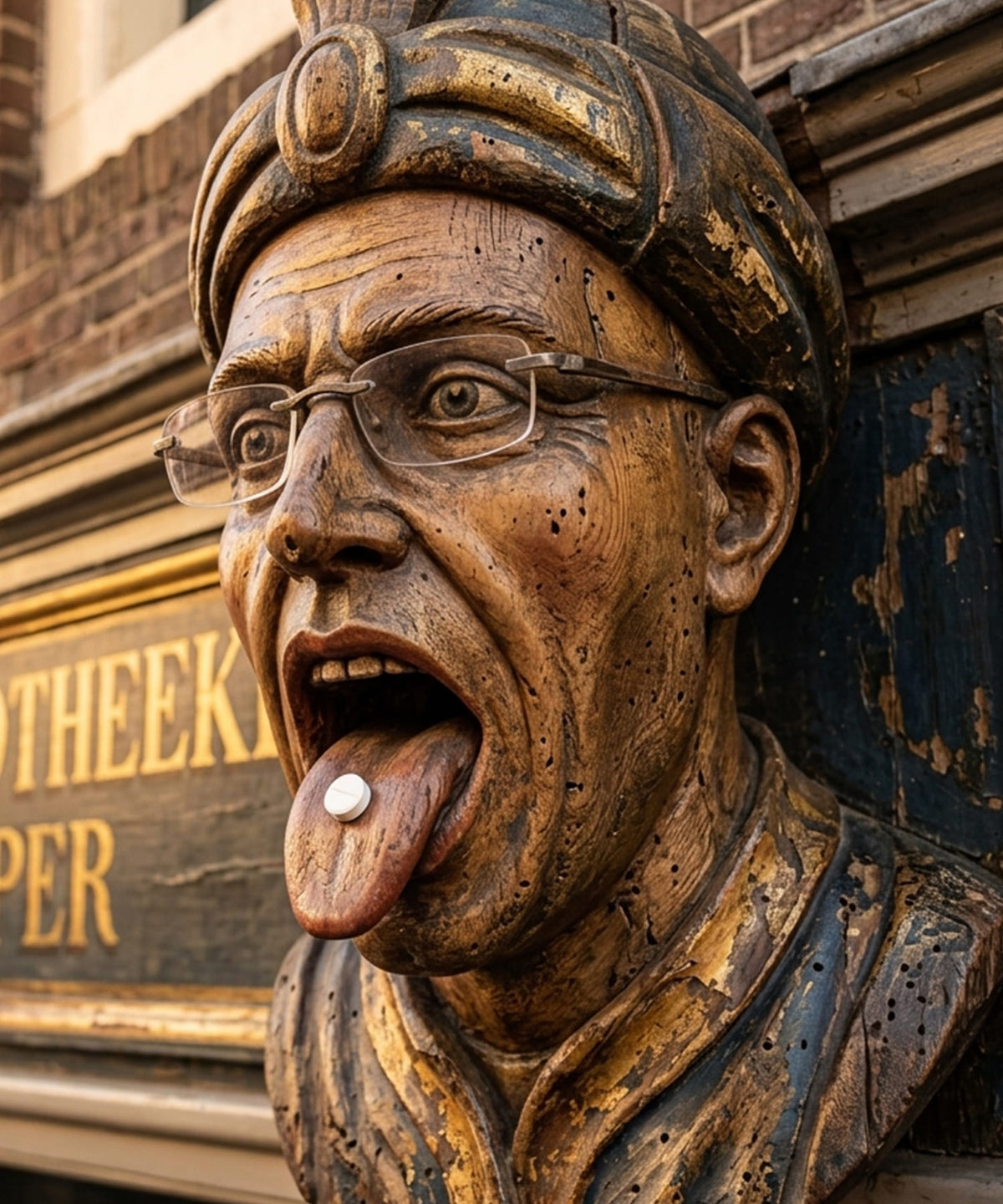 A close-up of a carved wooden street sculpture of a man wearing glasses and a headpiece, with his mouth open and a white oval medallion on his tongue, mounted on a brick building facade.